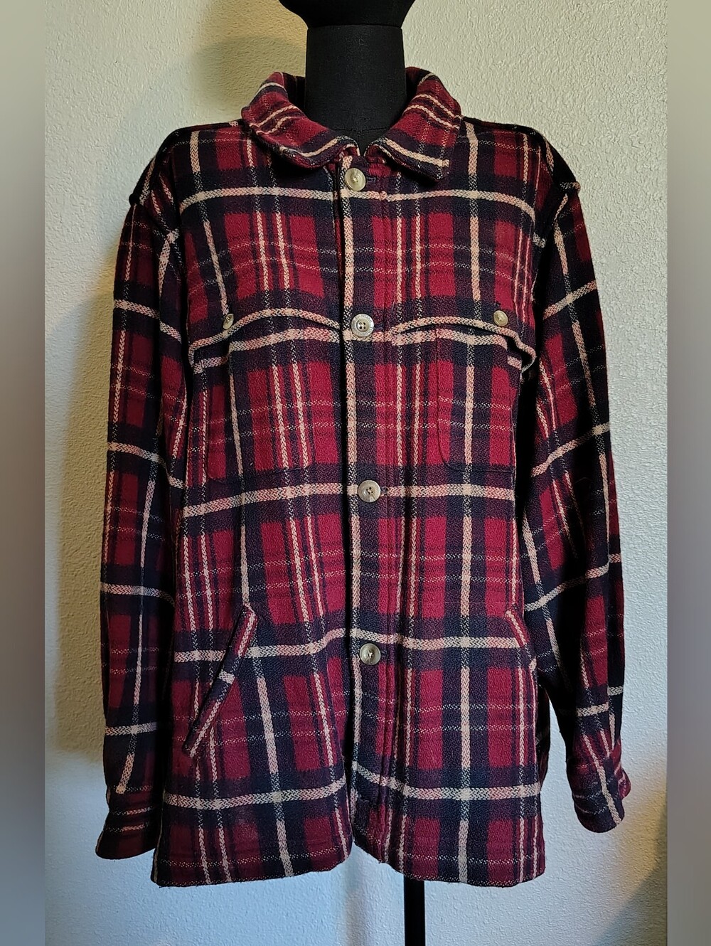 Timberland Burgundy Black Wool Plaid Button Mackinaw Style Jacket Mens Medium